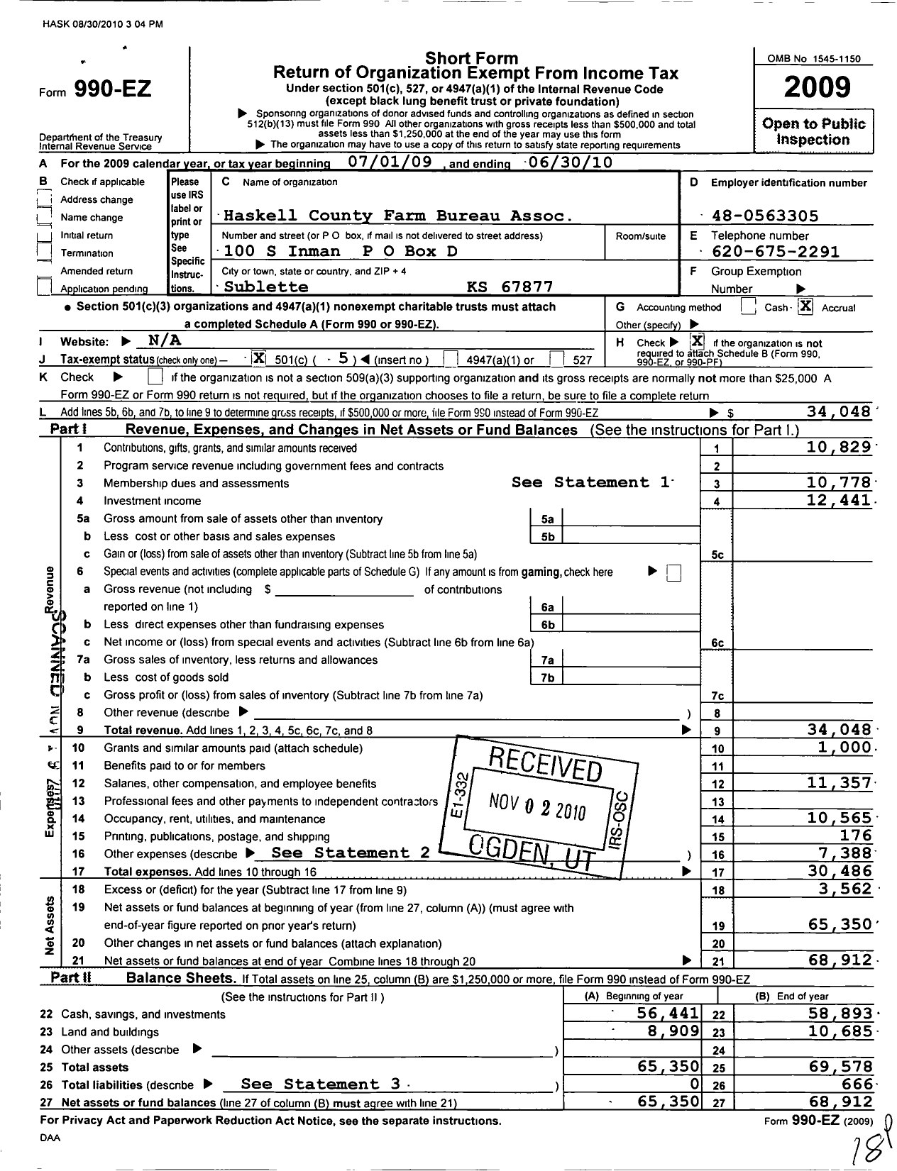 Image of first page of 2009 Form 990EO for Haskell County Farm Bureau Association