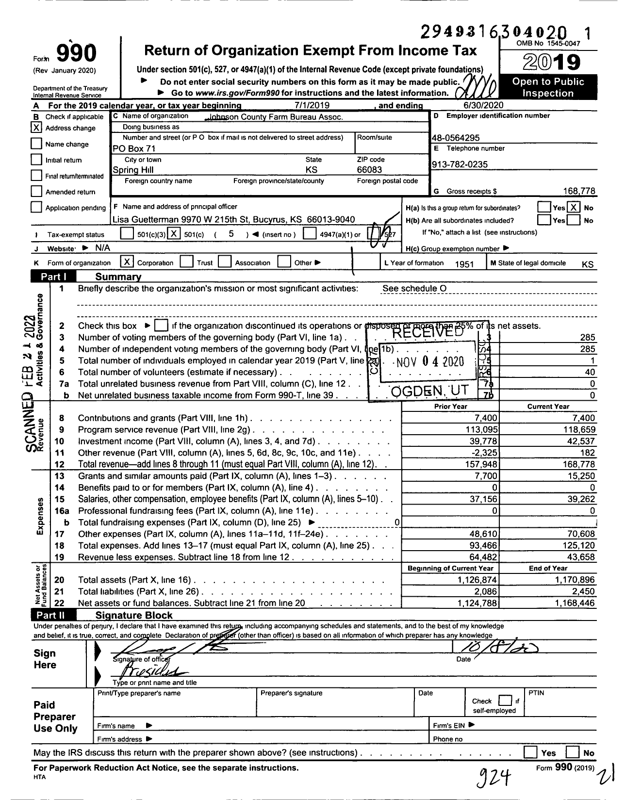 Image of first page of 2019 Form 990O for Johnson County Farm Bureau Assoc