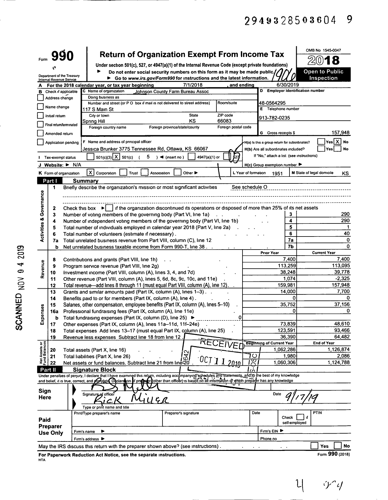 Image of first page of 2018 Form 990O for Johnson County Farm Bureau Assoc