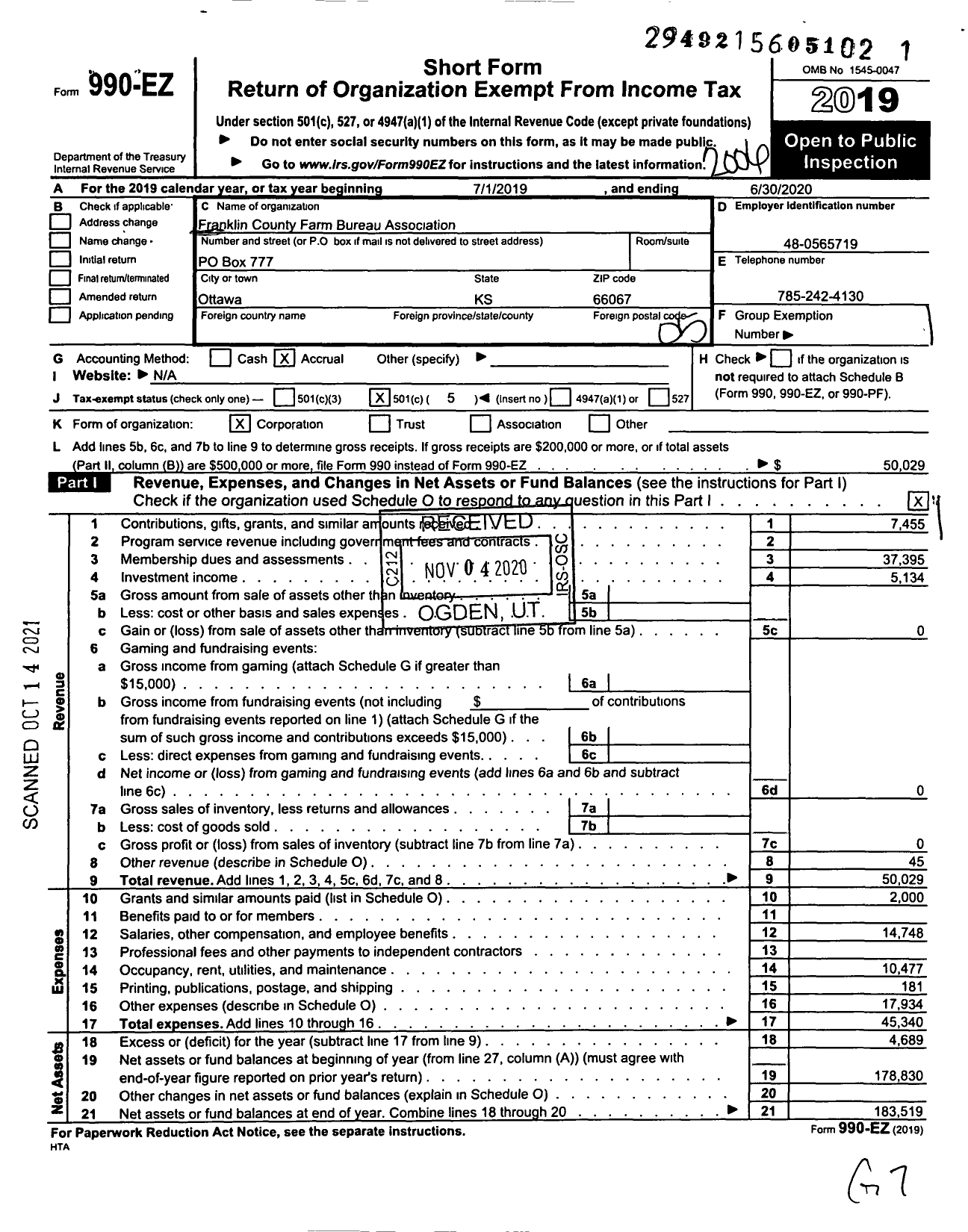 Image of first page of 2019 Form 990EO for Franklin County Farm Bureau Association