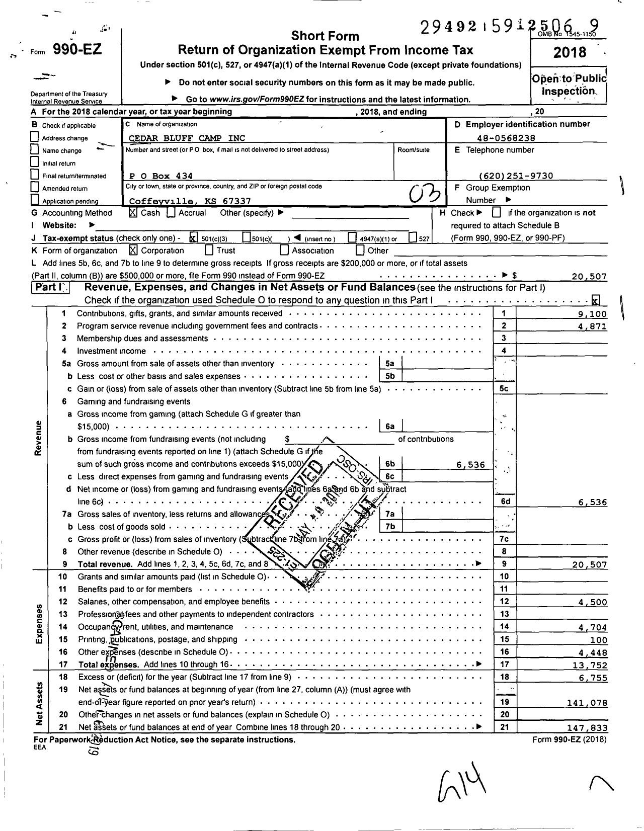 Image of first page of 2018 Form 990EZ for Cedar Bluff Camp