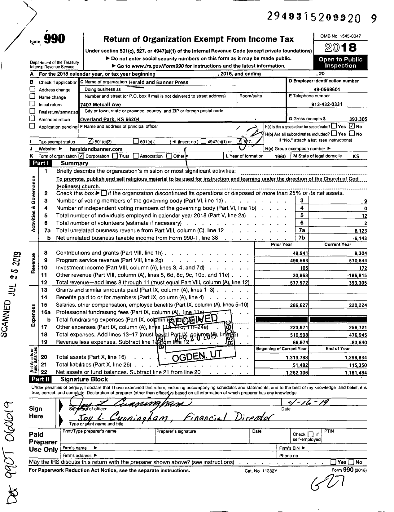 Image of first page of 2018 Form 990 for Herald and Banner Press