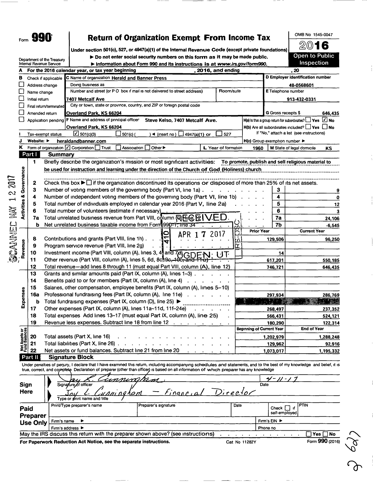 Image of first page of 2016 Form 990 for Herald and Banner Press