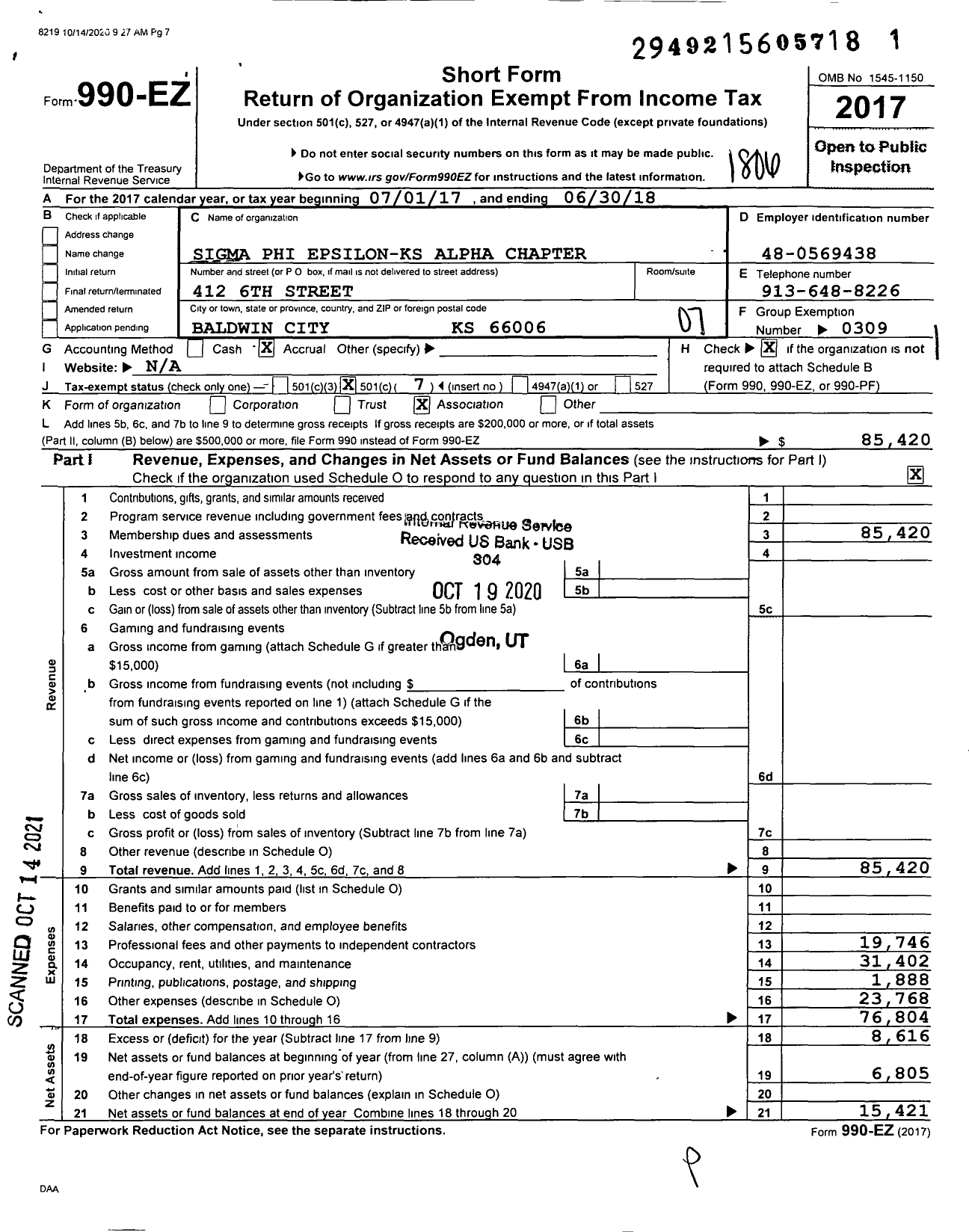 Image of first page of 2017 Form 990EO for Sigma Phi Epsilon - KS Alpha Chapter