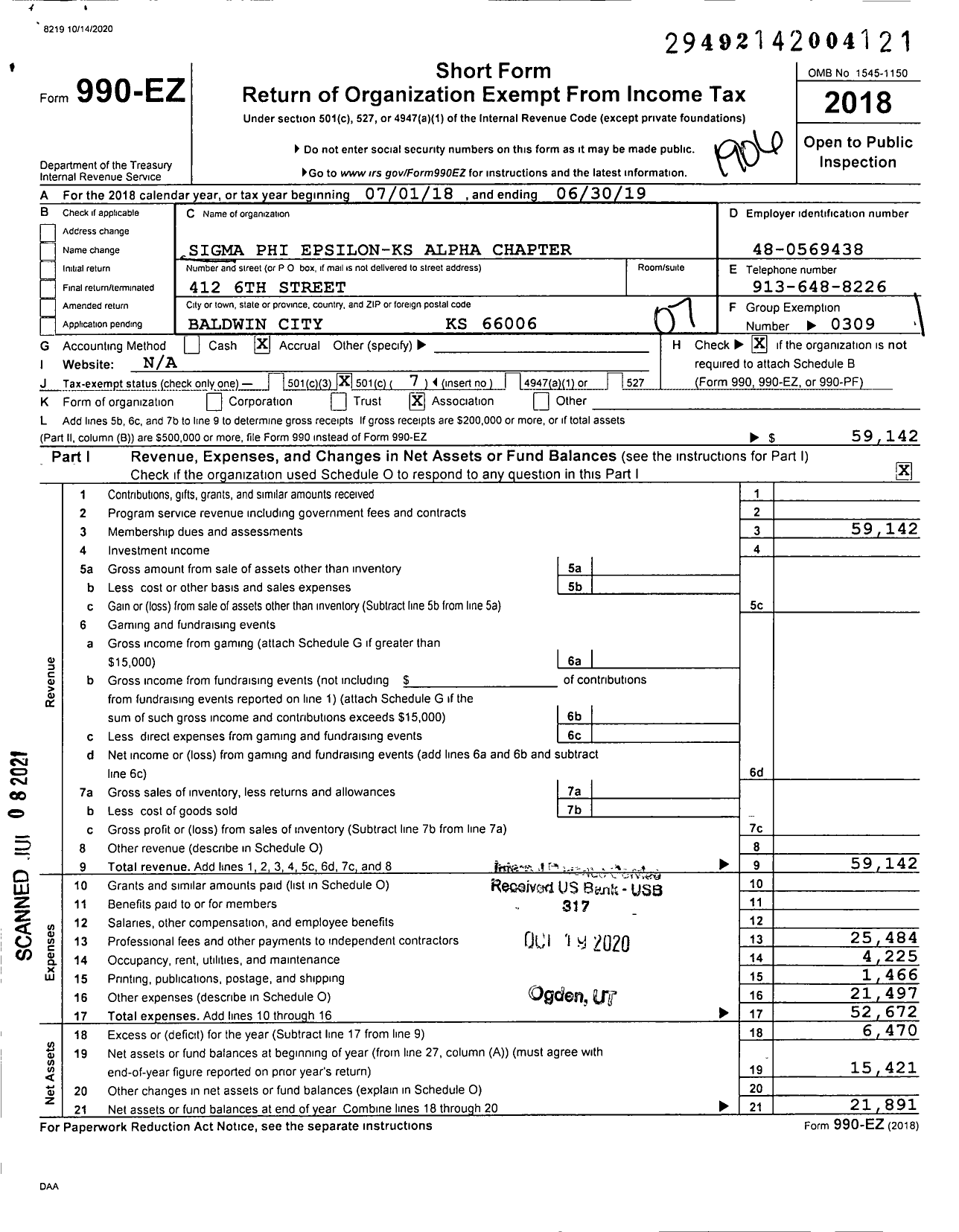 Image of first page of 2018 Form 990EO for Sigma Phi Epsilon - KS Alpha Chapter