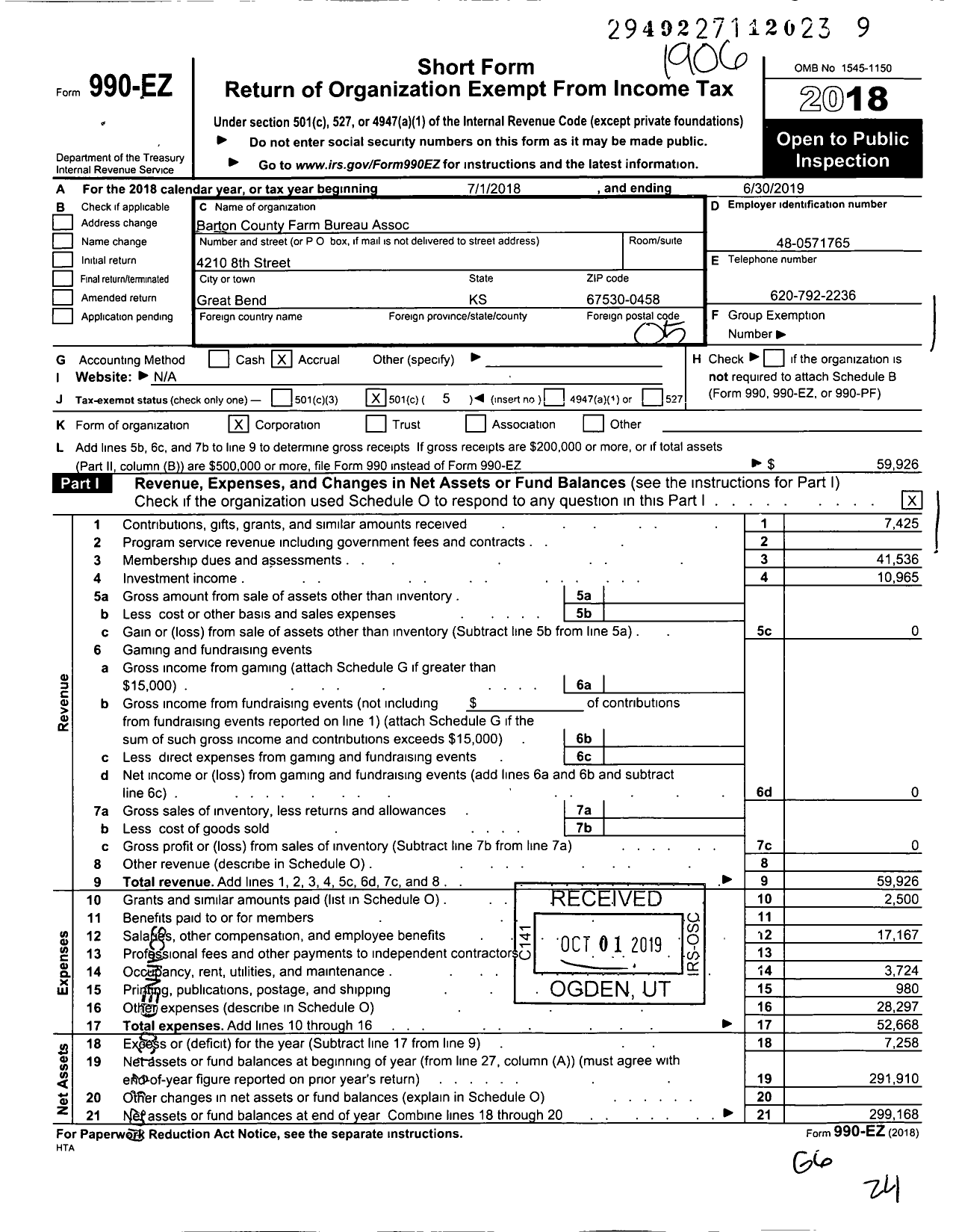 Image of first page of 2018 Form 990EO for Barton County Farm Bureau Assoc