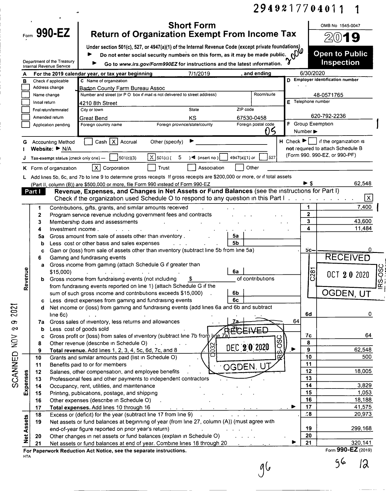 Image of first page of 2019 Form 990EO for Barton County Farm Bureau Assoc