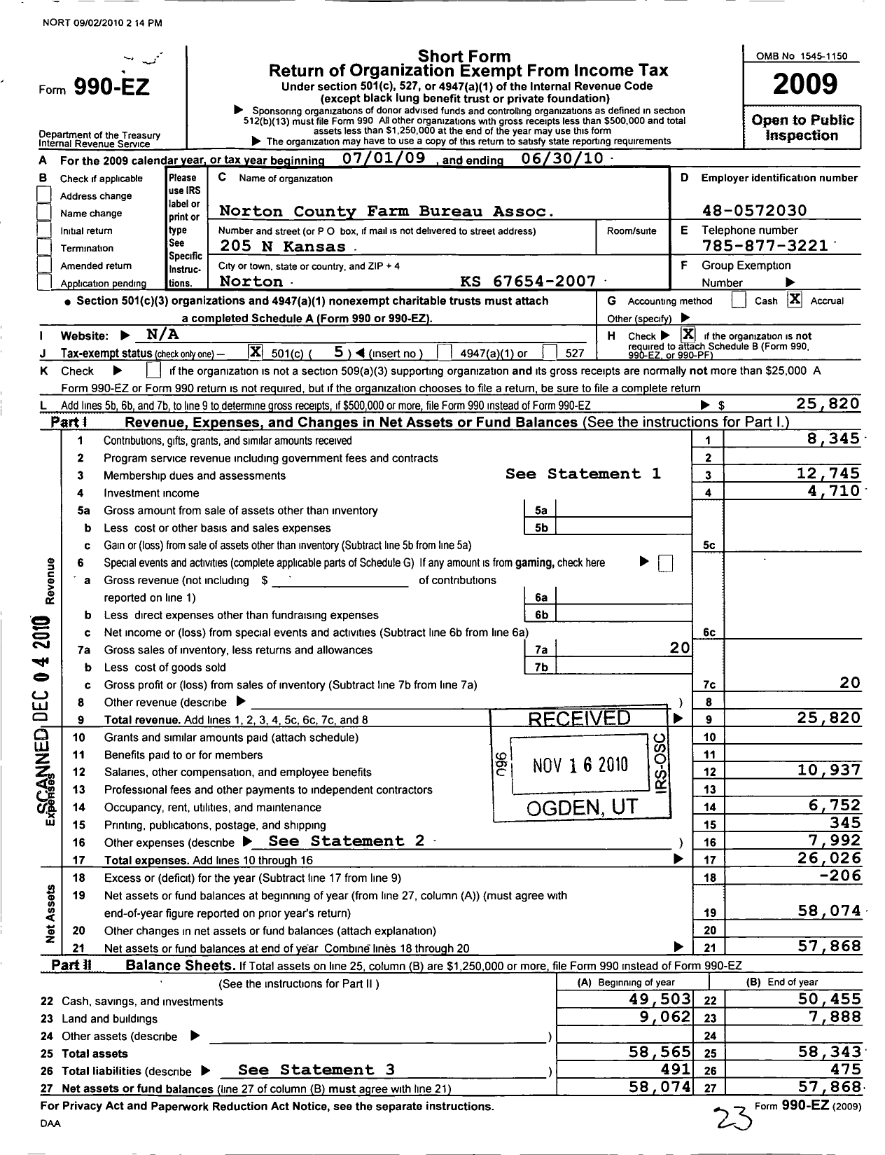 Image of first page of 2009 Form 990EO for Norton County Farm Bureau Association