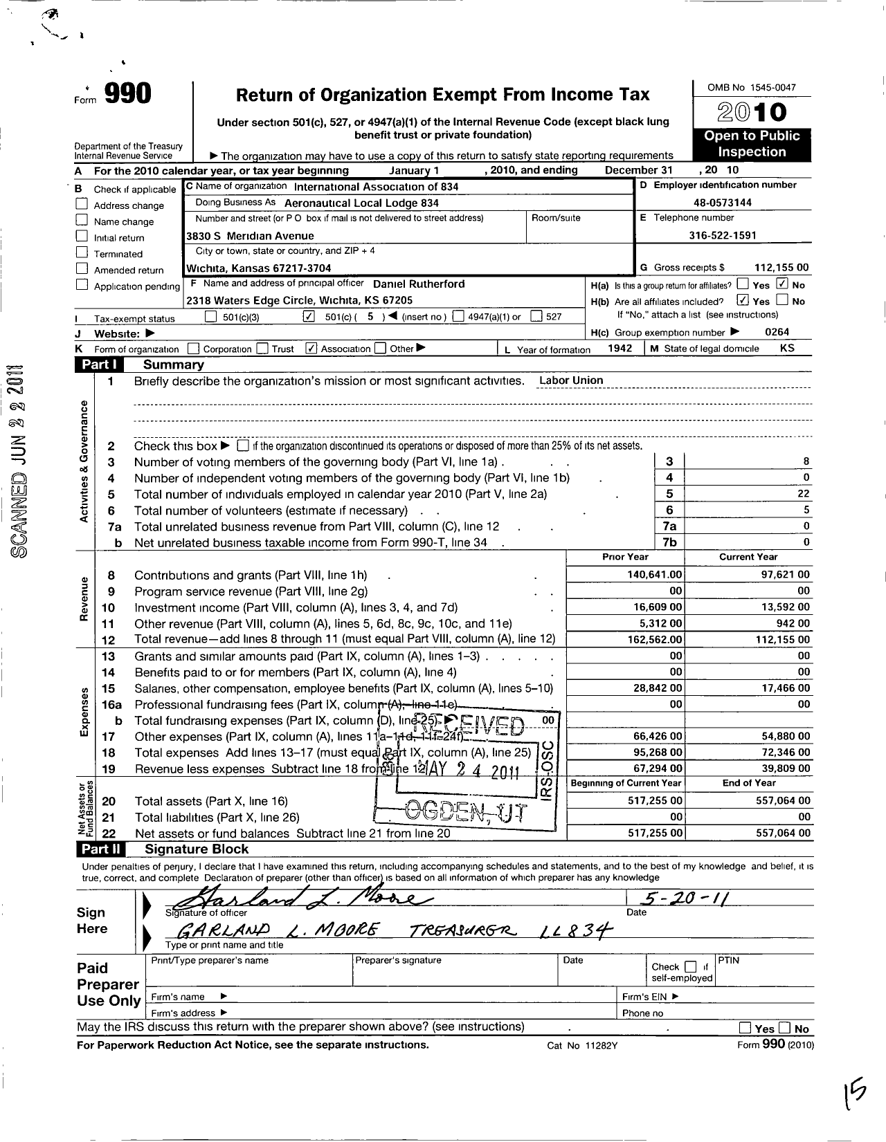 Image of first page of 2010 Form 990O for International Association of Machinists and Aerospace Workers - Aeronautical Local Lodge 834