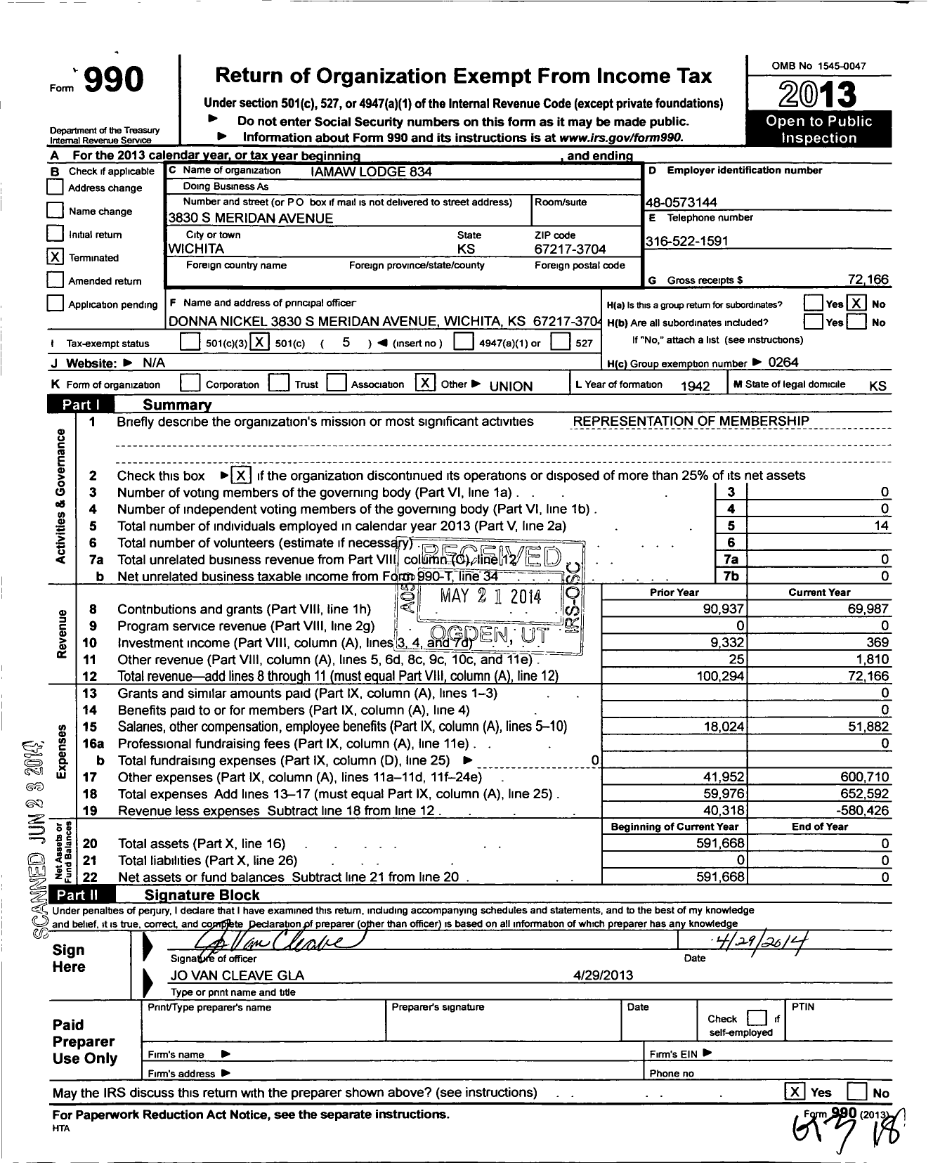 Image of first page of 2013 Form 990O for International Association of Machinists and Aerospace Workers - Aeronautical Local Lodge 834