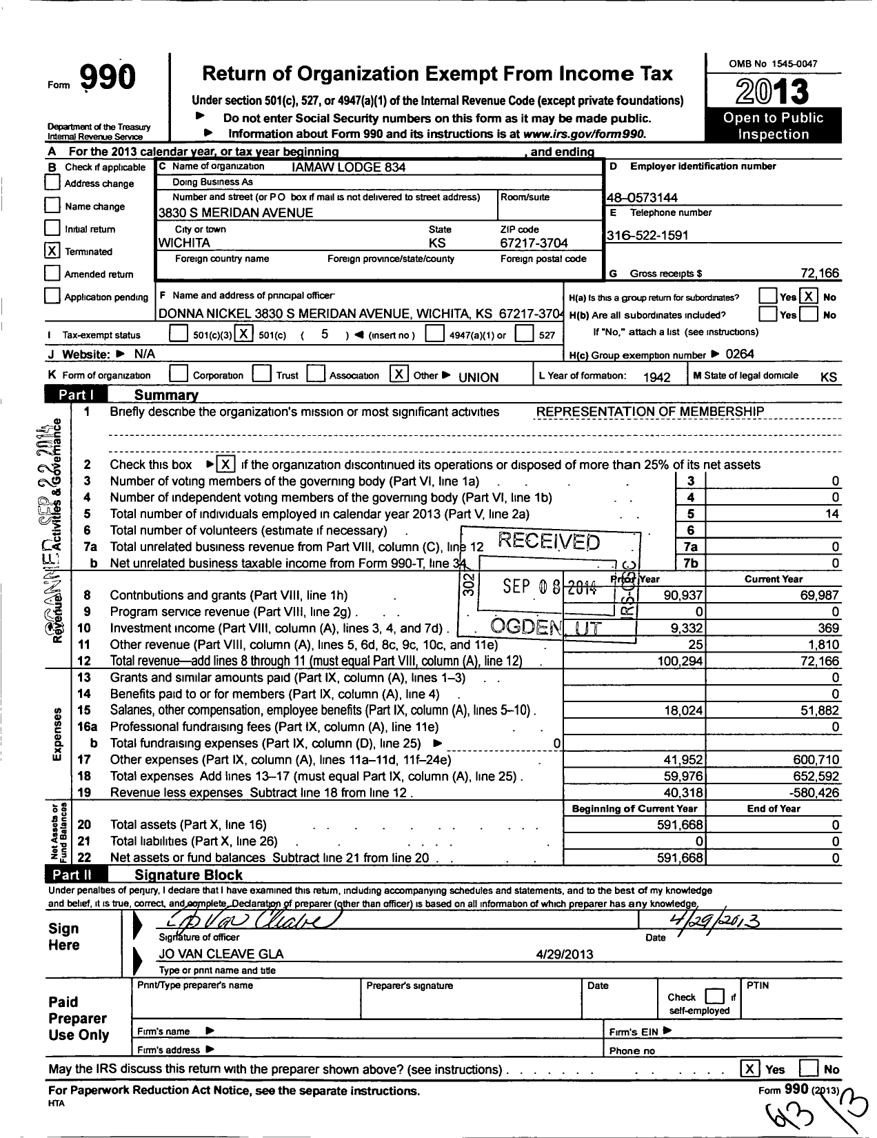 Image of first page of 2013 Form 990O for International Association of Machinists and Aerospace Workers - Aeronautical Local Lodge 834