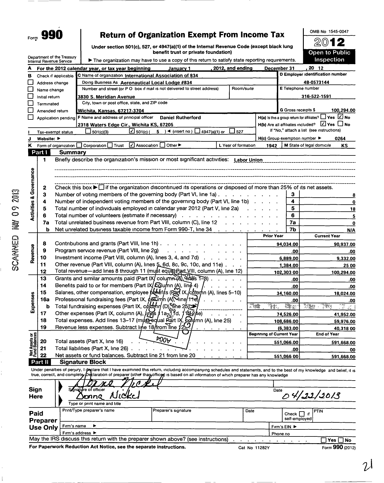 Image of first page of 2012 Form 990O for International Association of Machinists and Aerospace Workers - Aeronautical Local Lodge 834