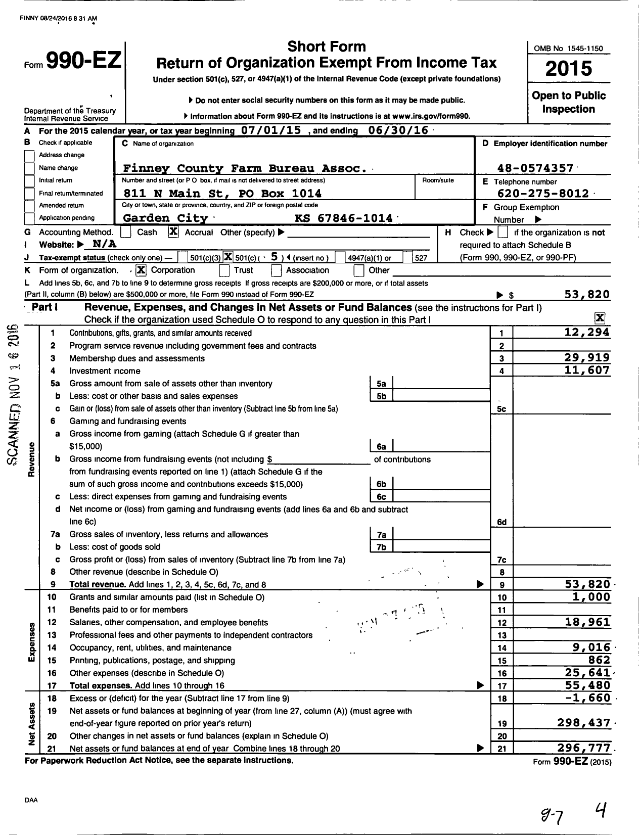 Image of first page of 2015 Form 990EO for Finney County Farm Bureau