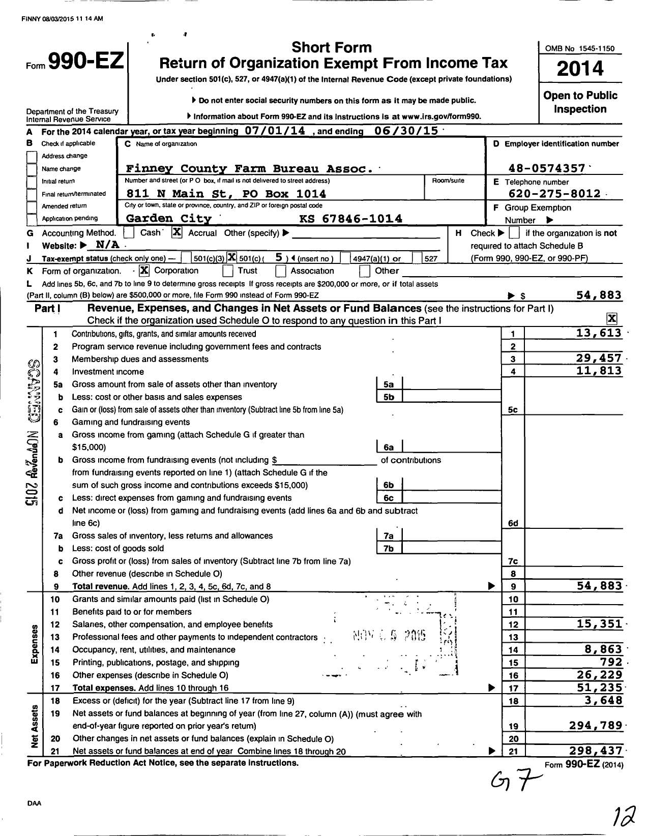 Image of first page of 2014 Form 990EO for Finney County Farm Bureau