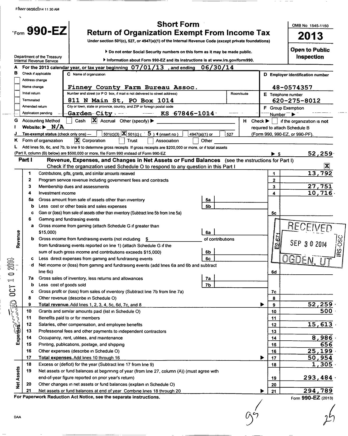 Image of first page of 2013 Form 990EO for Finney Farm Bureau