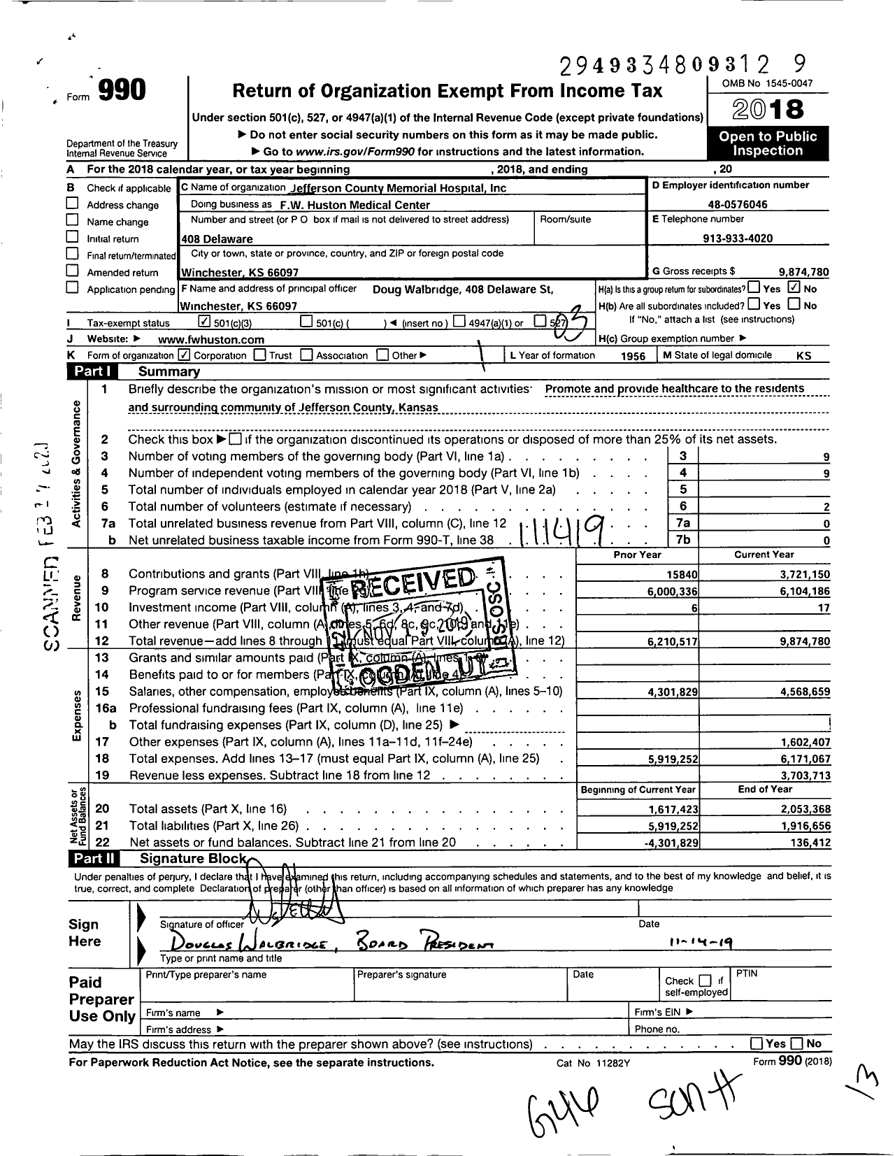 Image of first page of 2018 Form 990 for FW Huston Medical Center