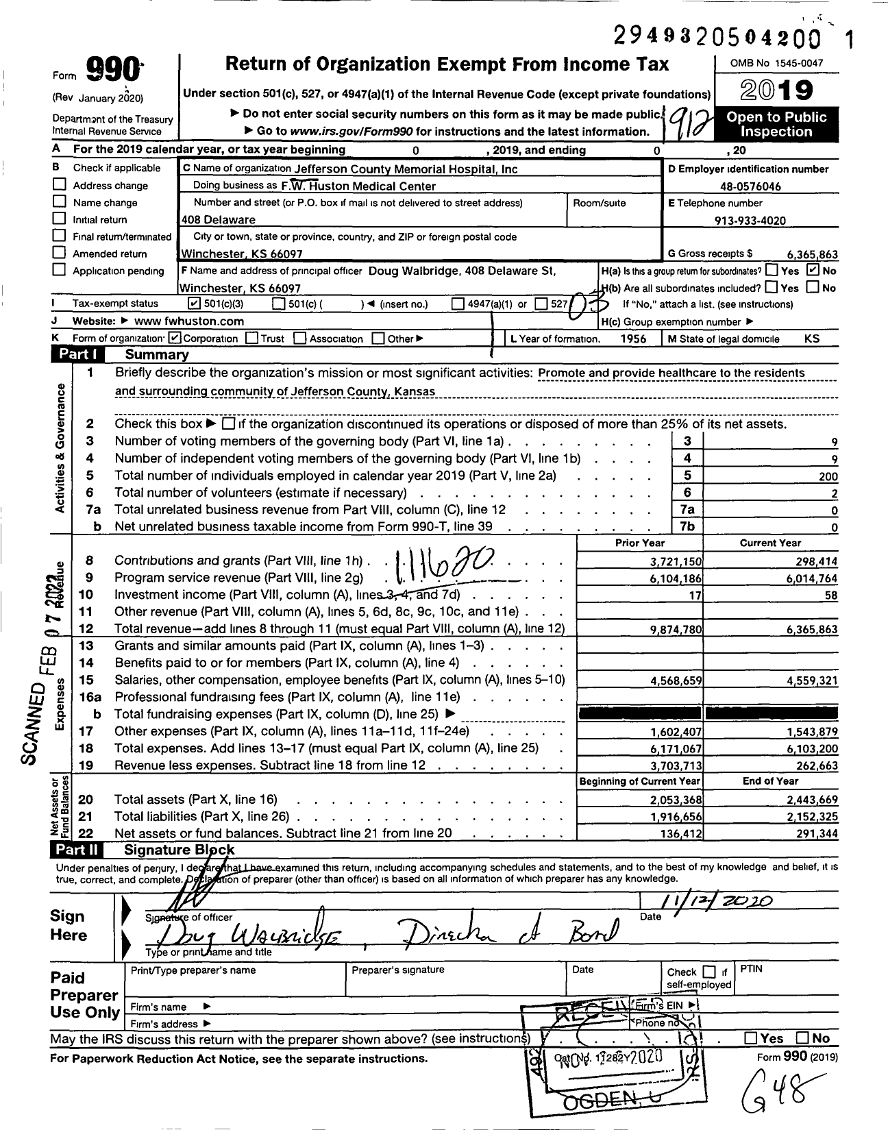 Image of first page of 2019 Form 990 for FW Huston Medical Center
