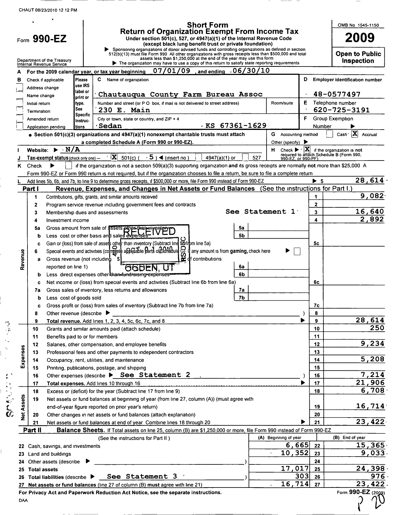 Image of first page of 2009 Form 990EO for Chautauqua County Farm Bureau Association