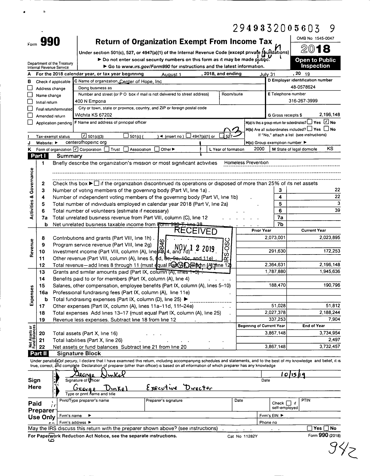 Image of first page of 2018 Form 990 for Center of Hope