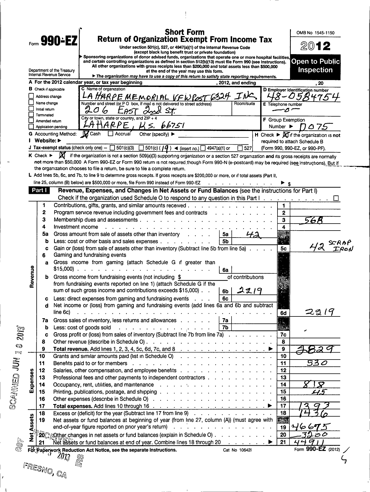 Image of first page of 2012 Form 990EO for Veterans of Foreign Wars of the United States Dept of Kansas - 6324 La Harpe Memorial