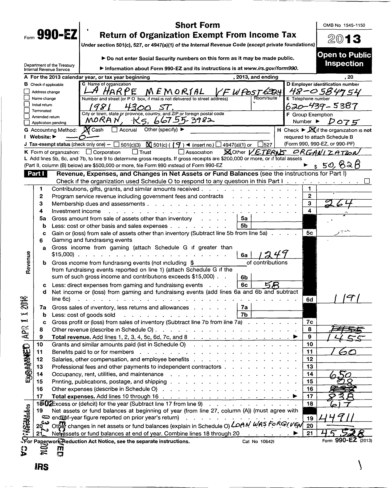 Image of first page of 2013 Form 990EO for Veterans of Foreign Wars of the United States Dept of Kansas - 6324 La Harpe Memorial