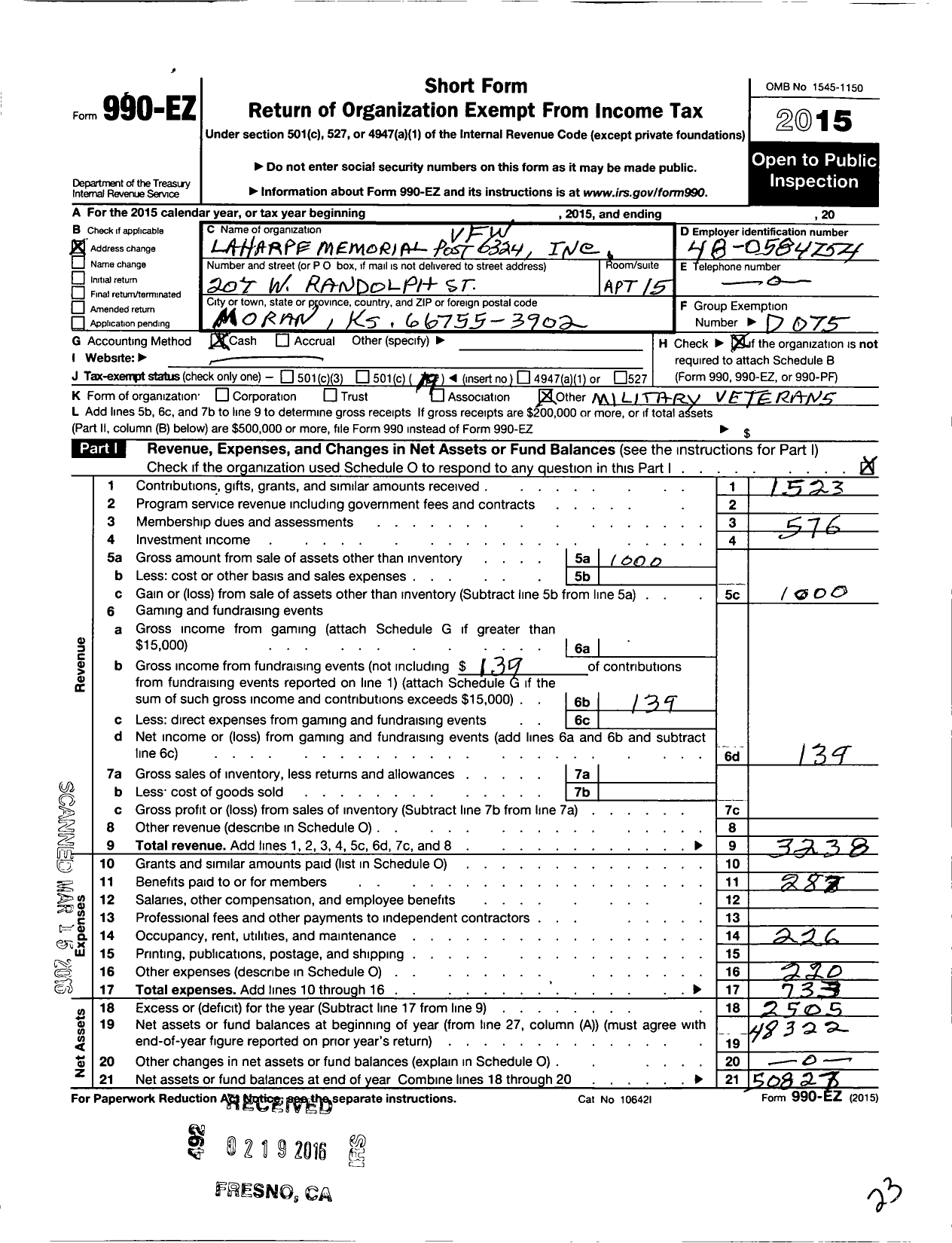 Image of first page of 2015 Form 990EO for Veterans of Foreign Wars of the United States Dept of Kansas - 6324 La Harpe Memorial