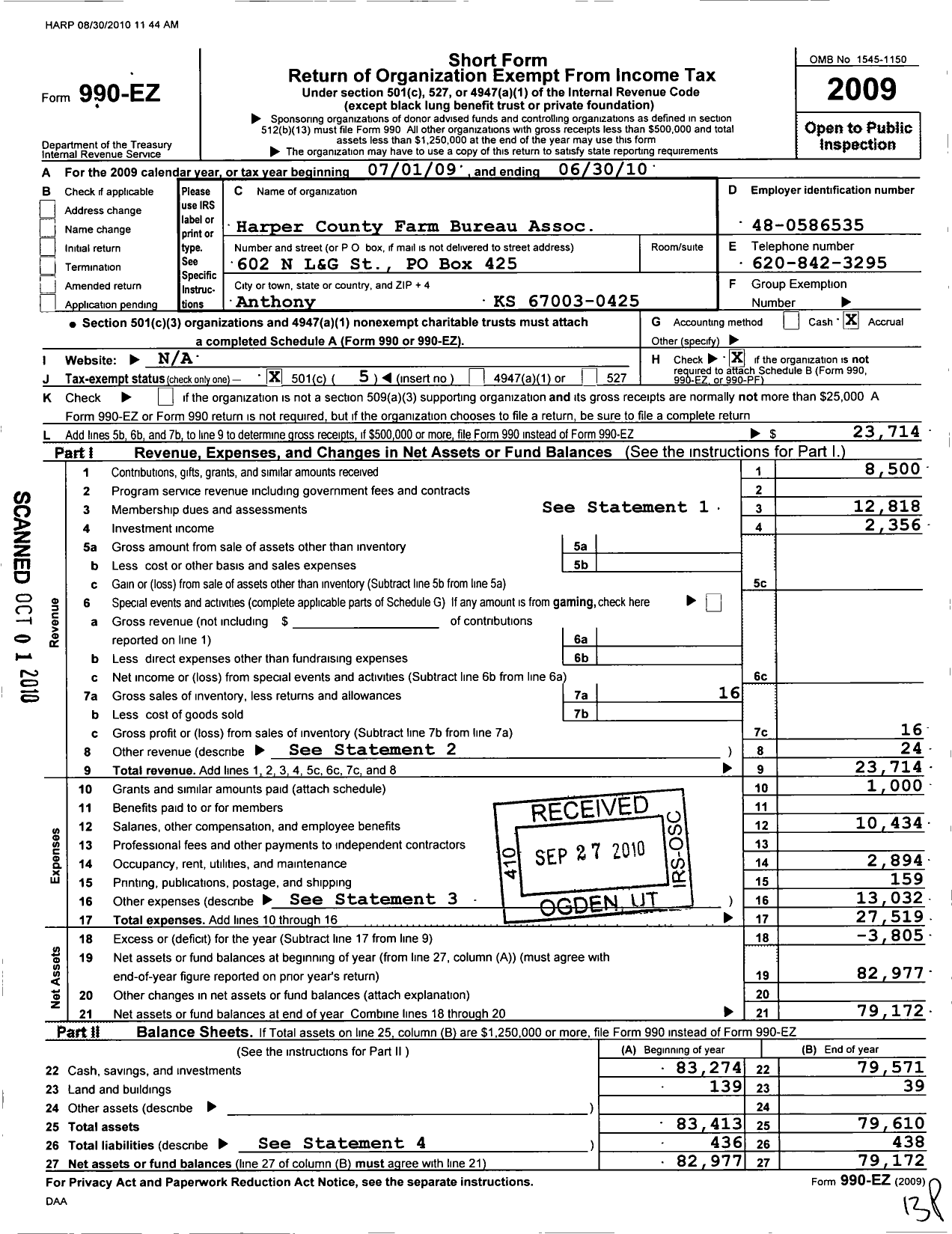 Image of first page of 2009 Form 990EO for Harper County Farm Bureau Association