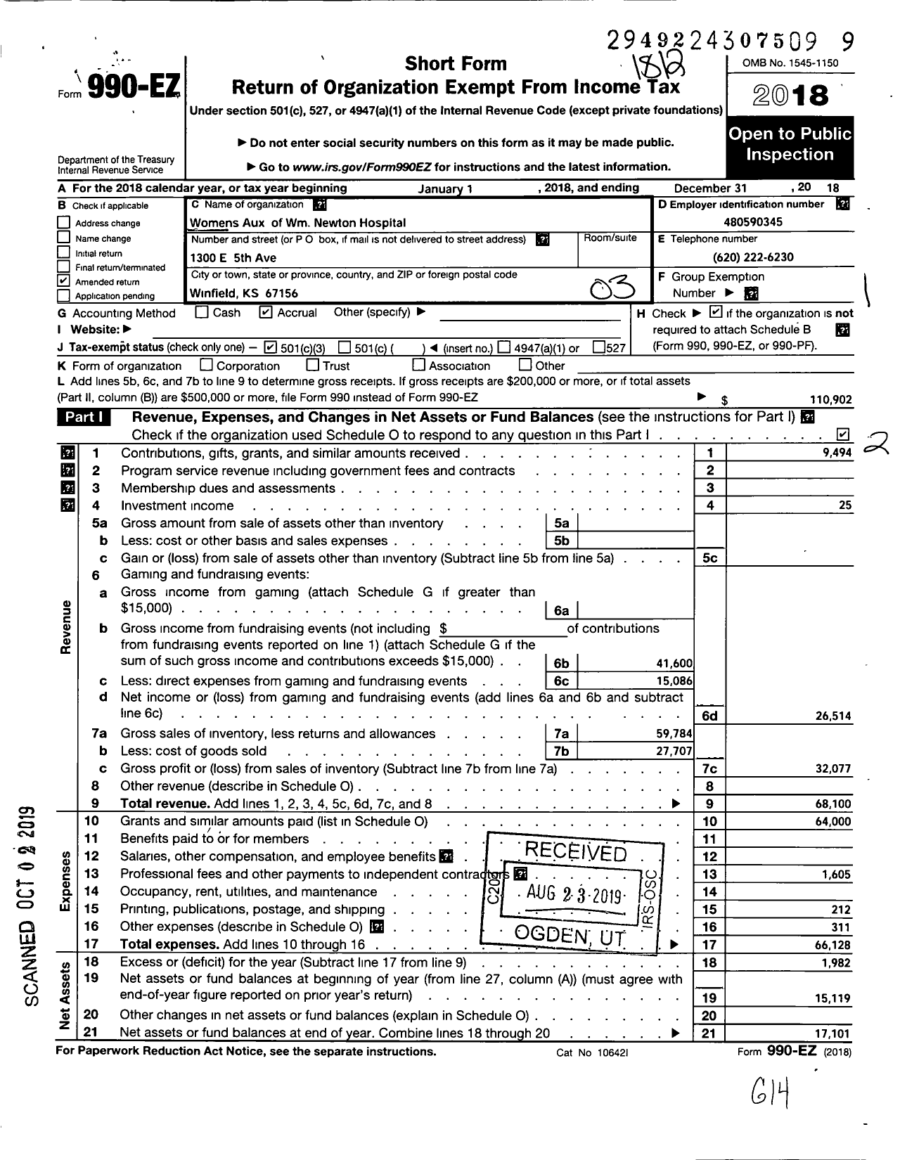 Image of first page of 2018 Form 990EZ for Womens Auxiliary of WM Newton Memorial Hospital Womens Auxilary Snack Bar