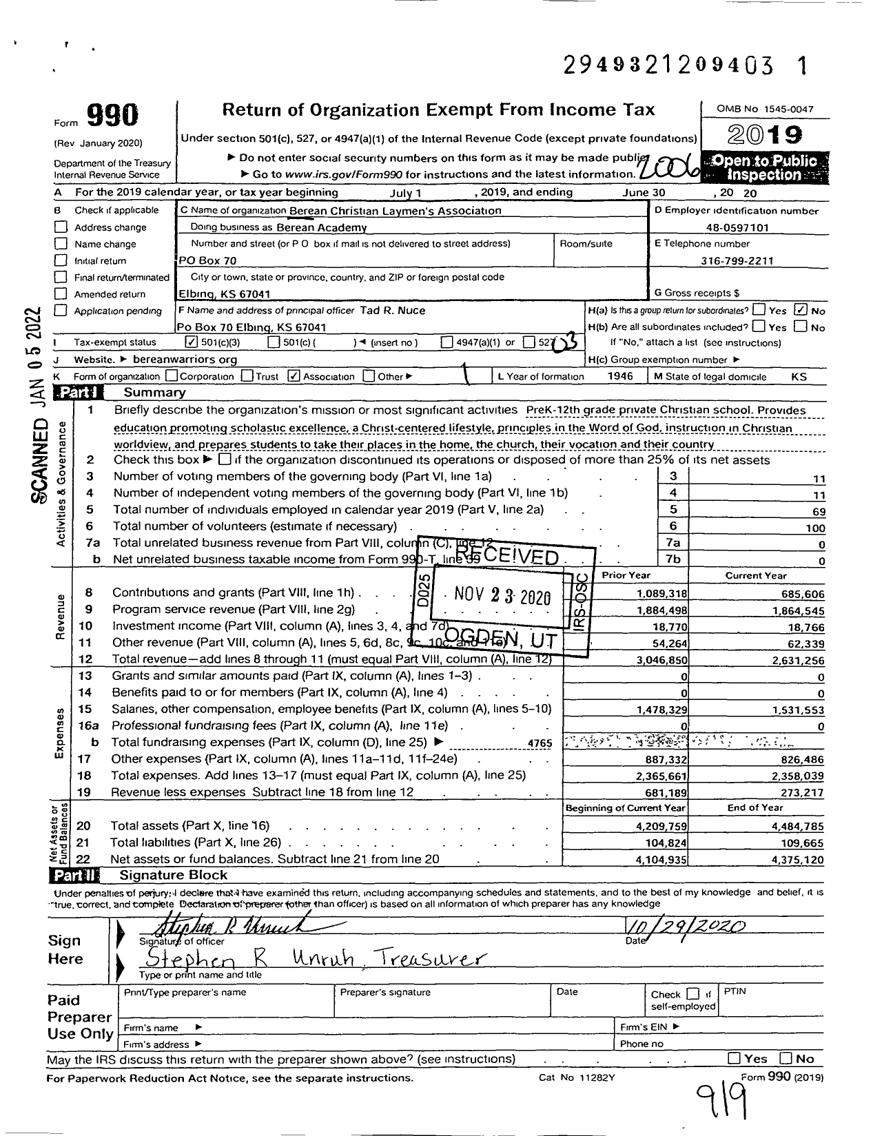 Image of first page of 2019 Form 990 for Berean Academy