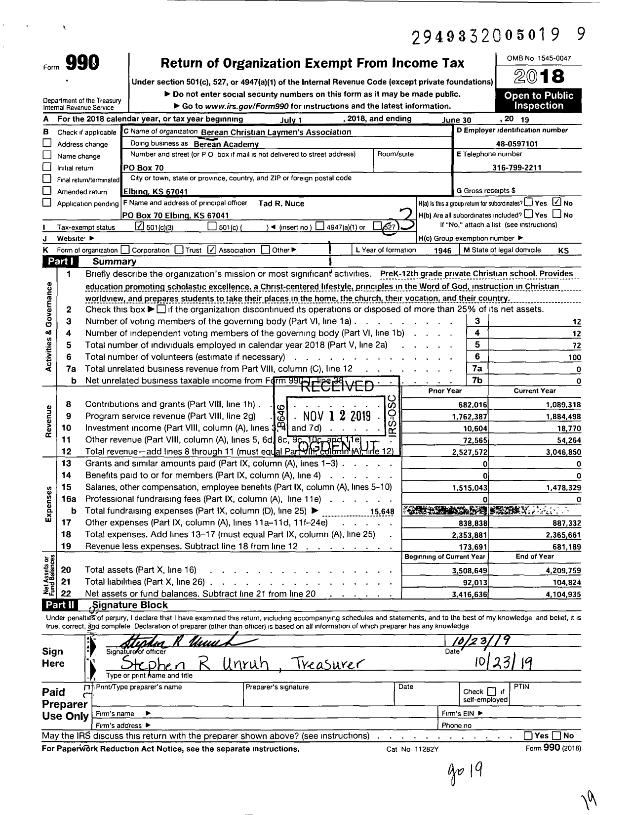 Image of first page of 2018 Form 990 for Berean Academy