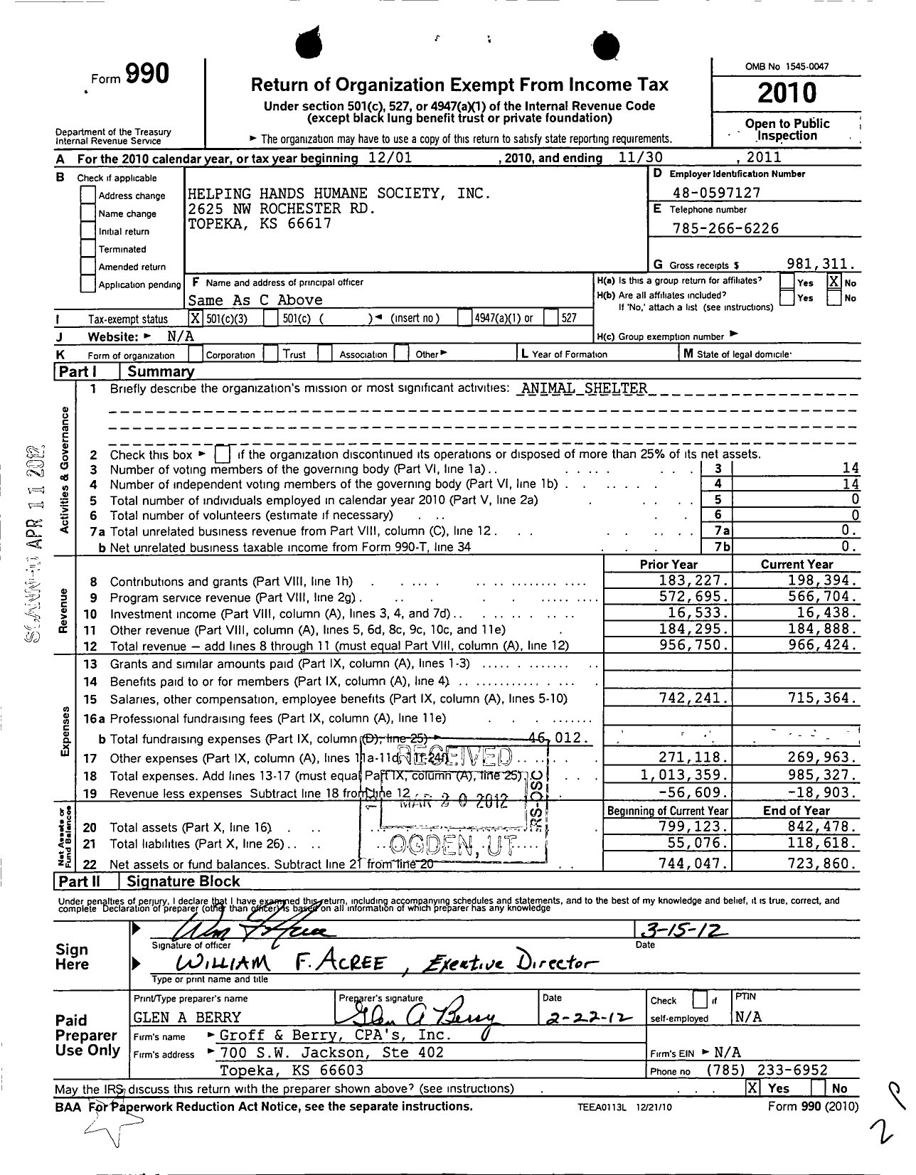 Image of first page of 2010 Form 990 for Helping Hands Humane Society