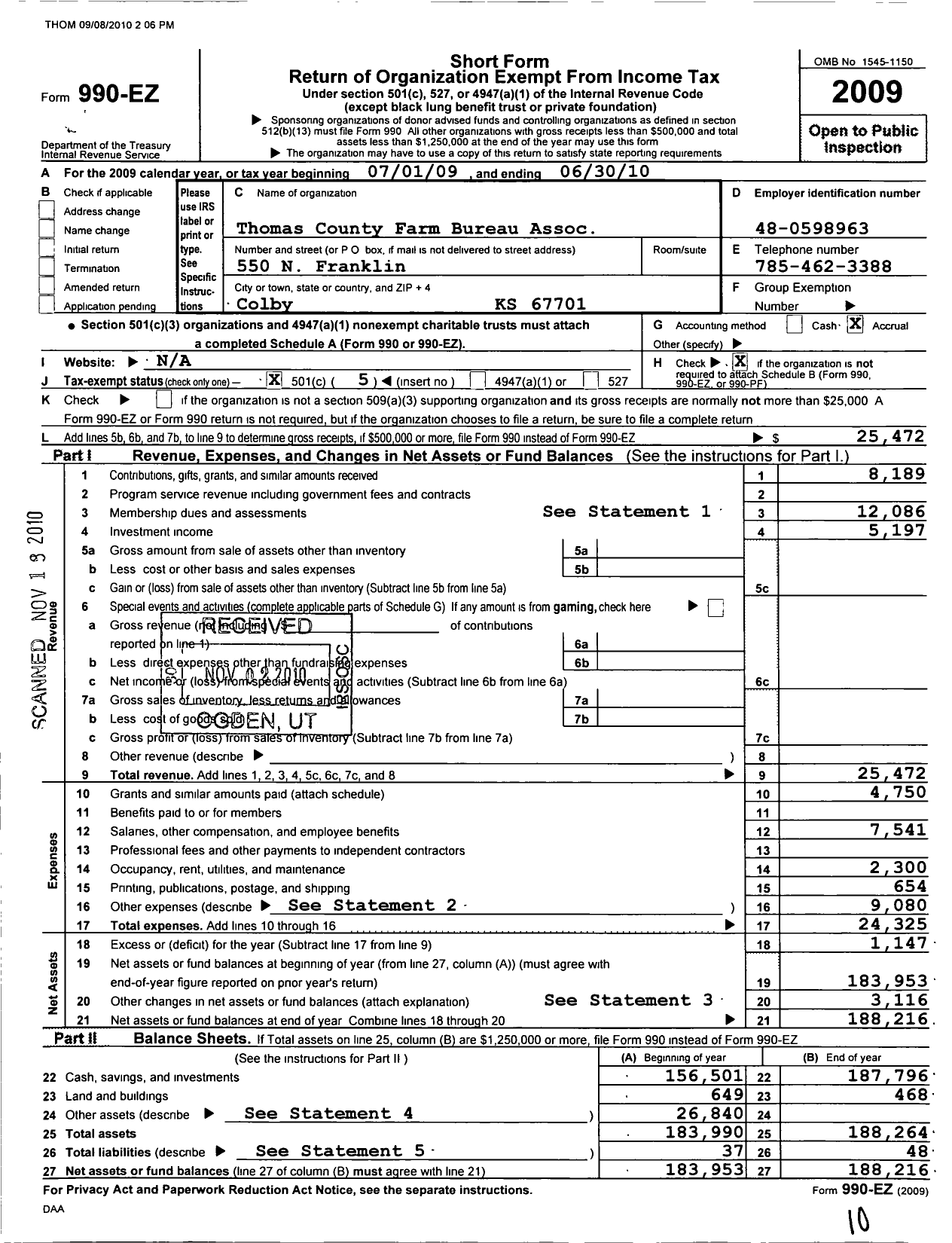 Image of first page of 2009 Form 990EO for Thomas County Farm Bureau Association