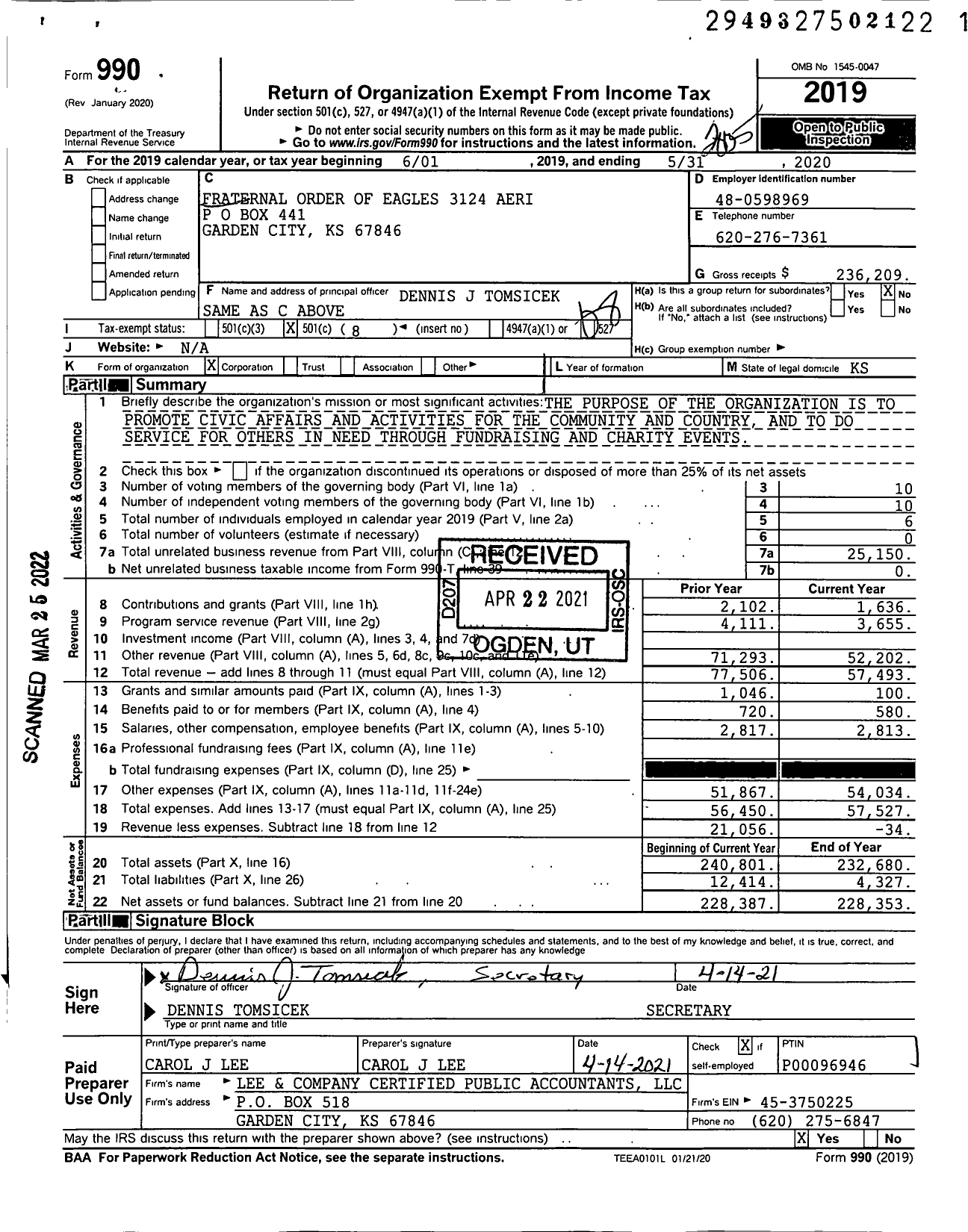 Image of first page of 2019 Form 990O for Fraternal Order of Eagles - 3124 Aerie