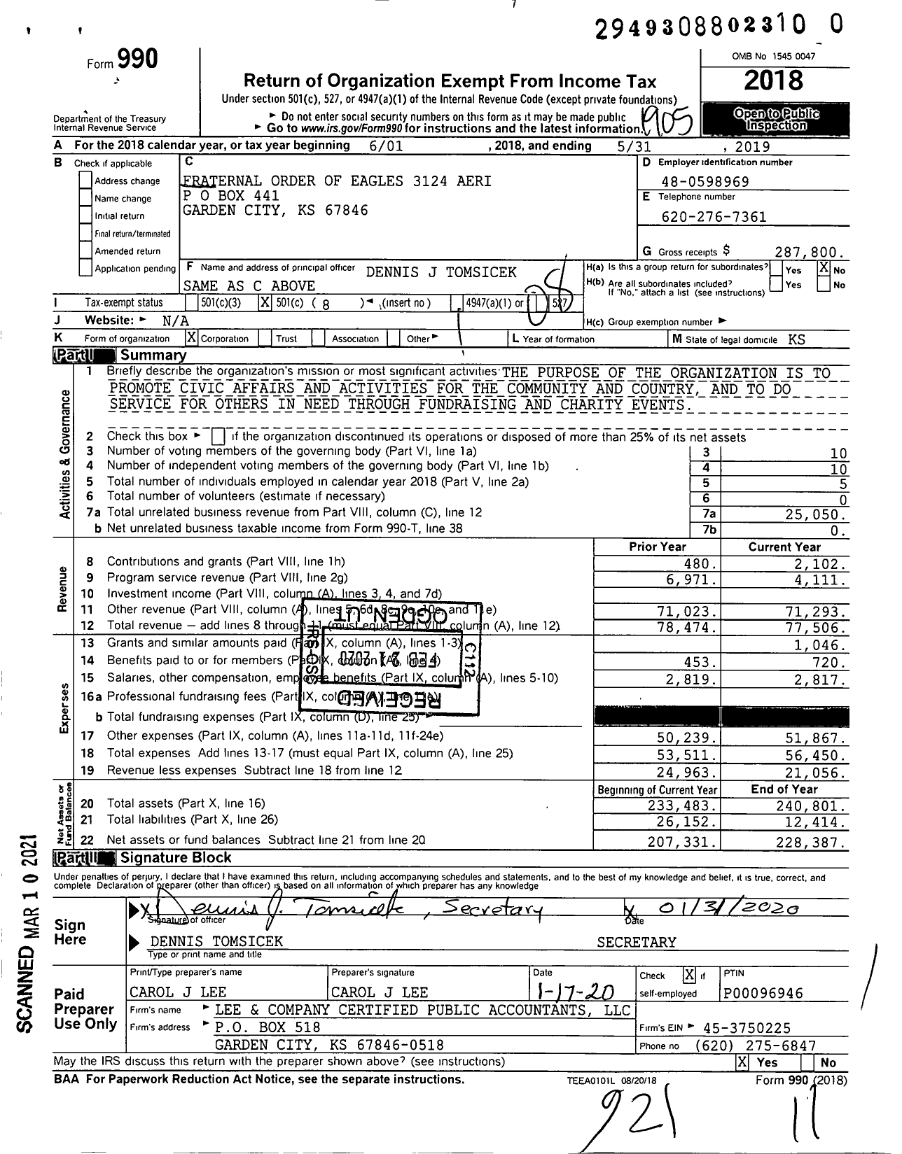 Image of first page of 2018 Form 990O for Fraternal Order of Eagles - 3124 Aerie