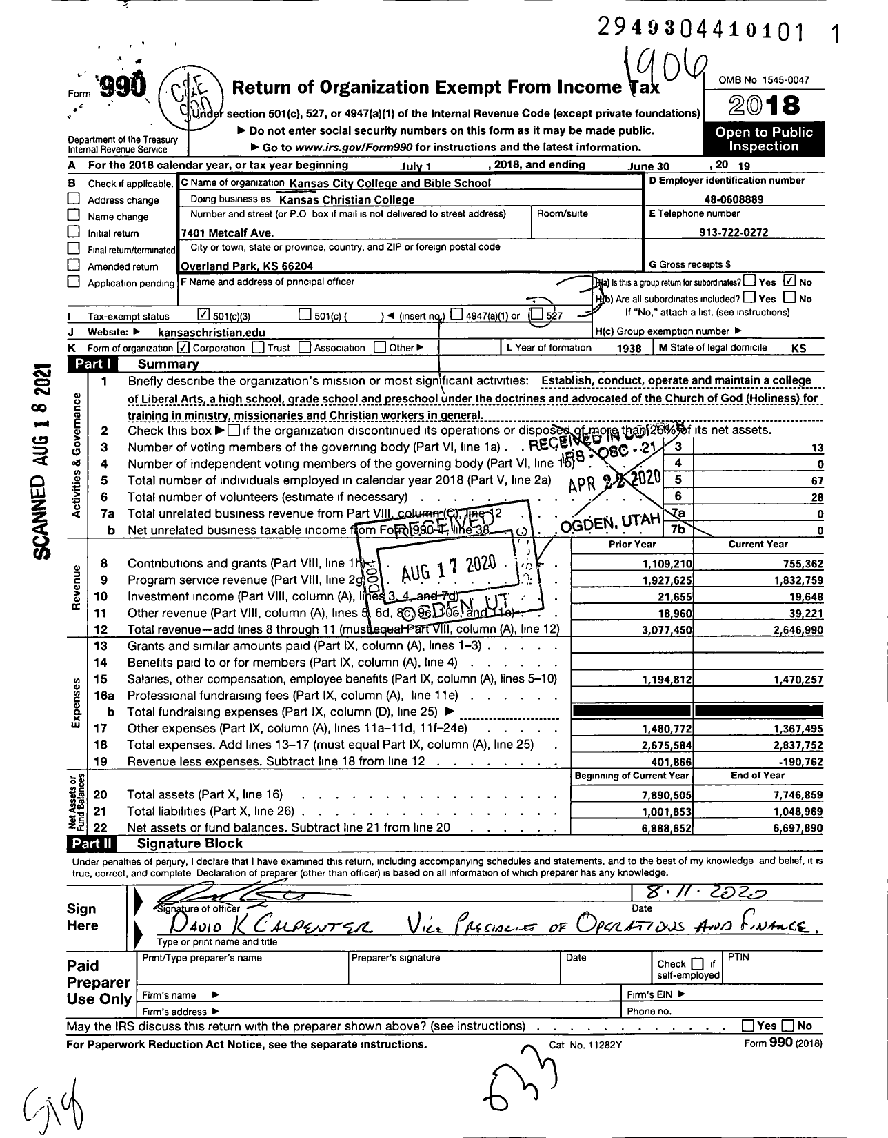 Image of first page of 2018 Form 990 for Kansas Christian College (KCC)