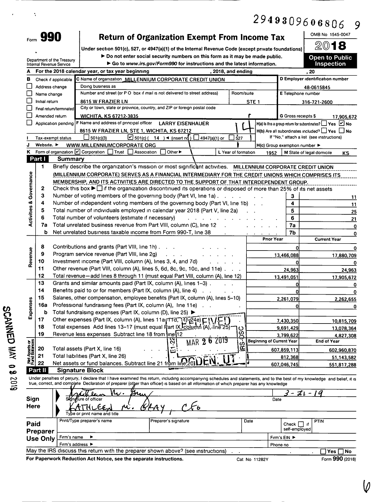 Image of first page of 2018 Form 990O for Millennium Corporate Credit Union