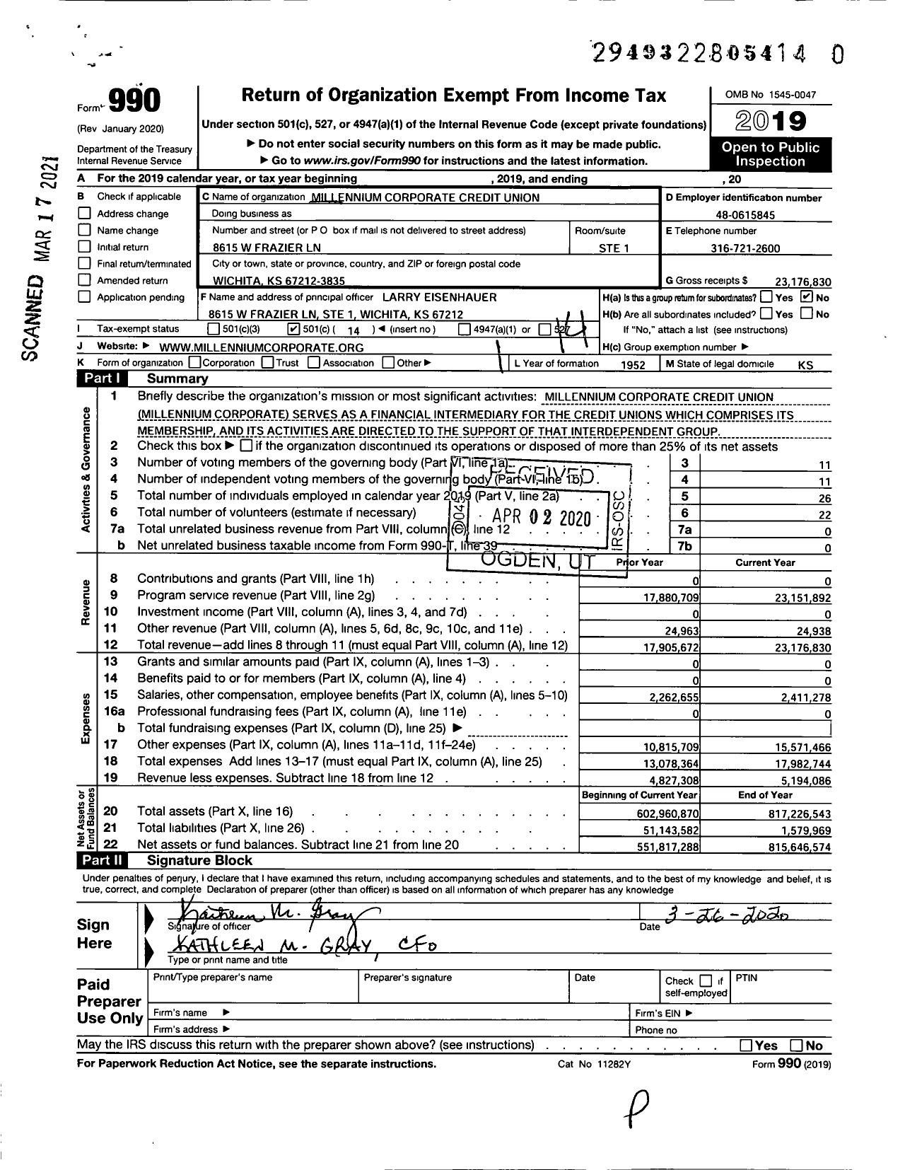 Image of first page of 2019 Form 990O for Millennium Corporate Credit Union