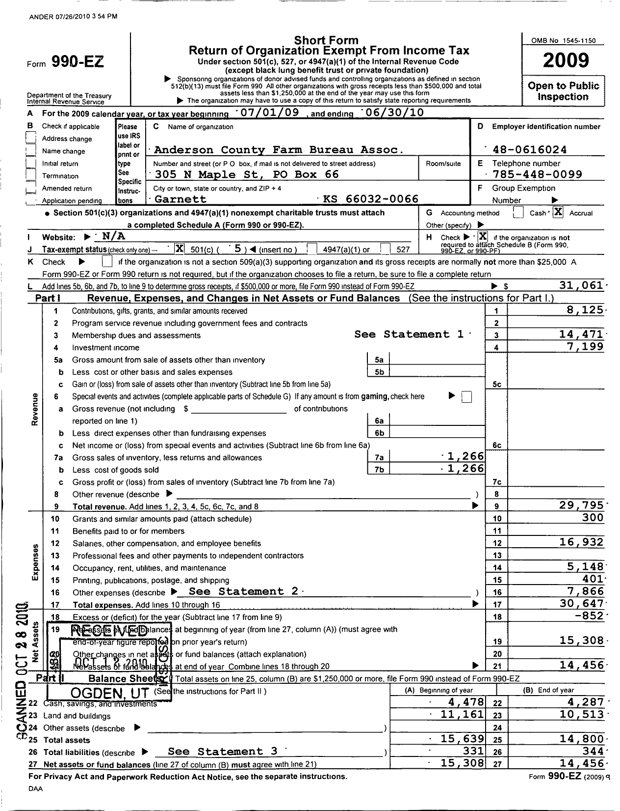 Image of first page of 2009 Form 990EO for Anderson County Farm Bureau Association