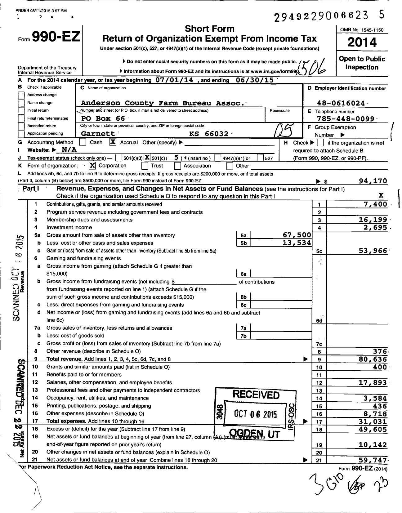 Image of first page of 2014 Form 990EO for Anderson County Farm Bureau Association