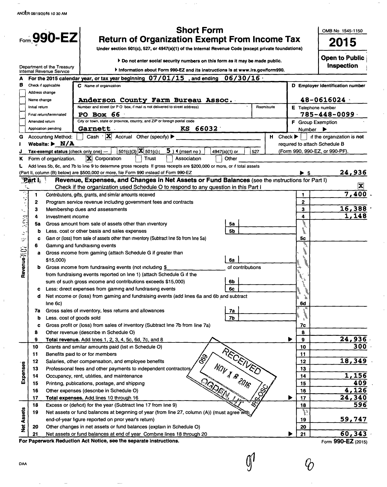 Image of first page of 2015 Form 990EO for Anderson County Farm Bureau Association