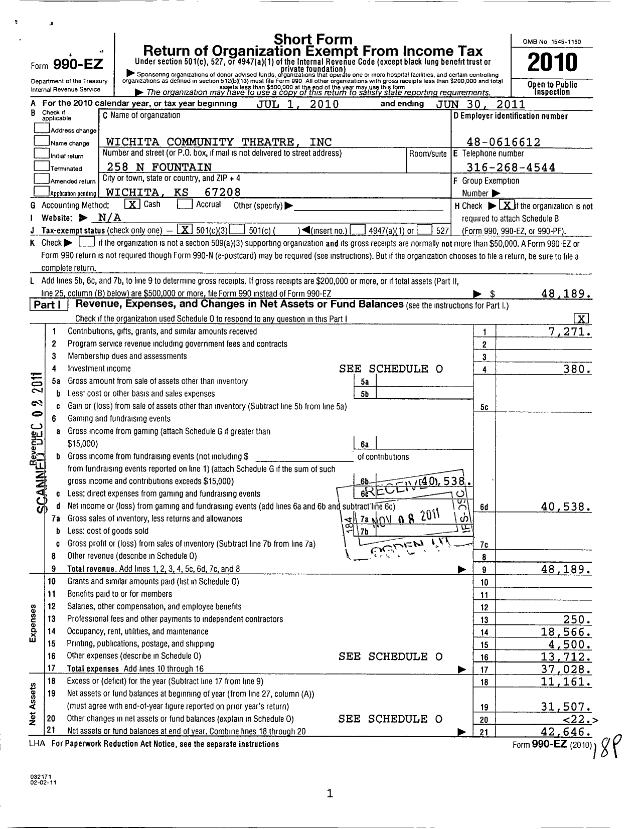 Image of first page of 2010 Form 990EZ for The Wichita Community Theatre