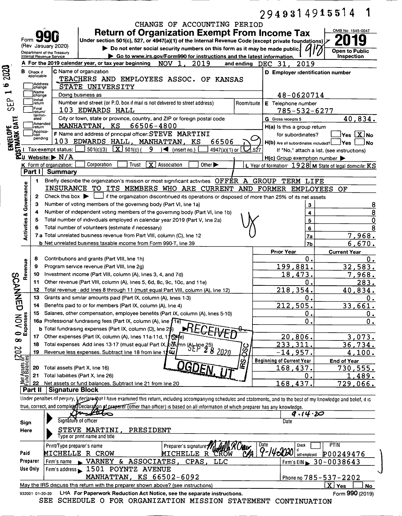 Image of first page of 2019 Form 990O for Teachers and Employees Association of Kansas State University