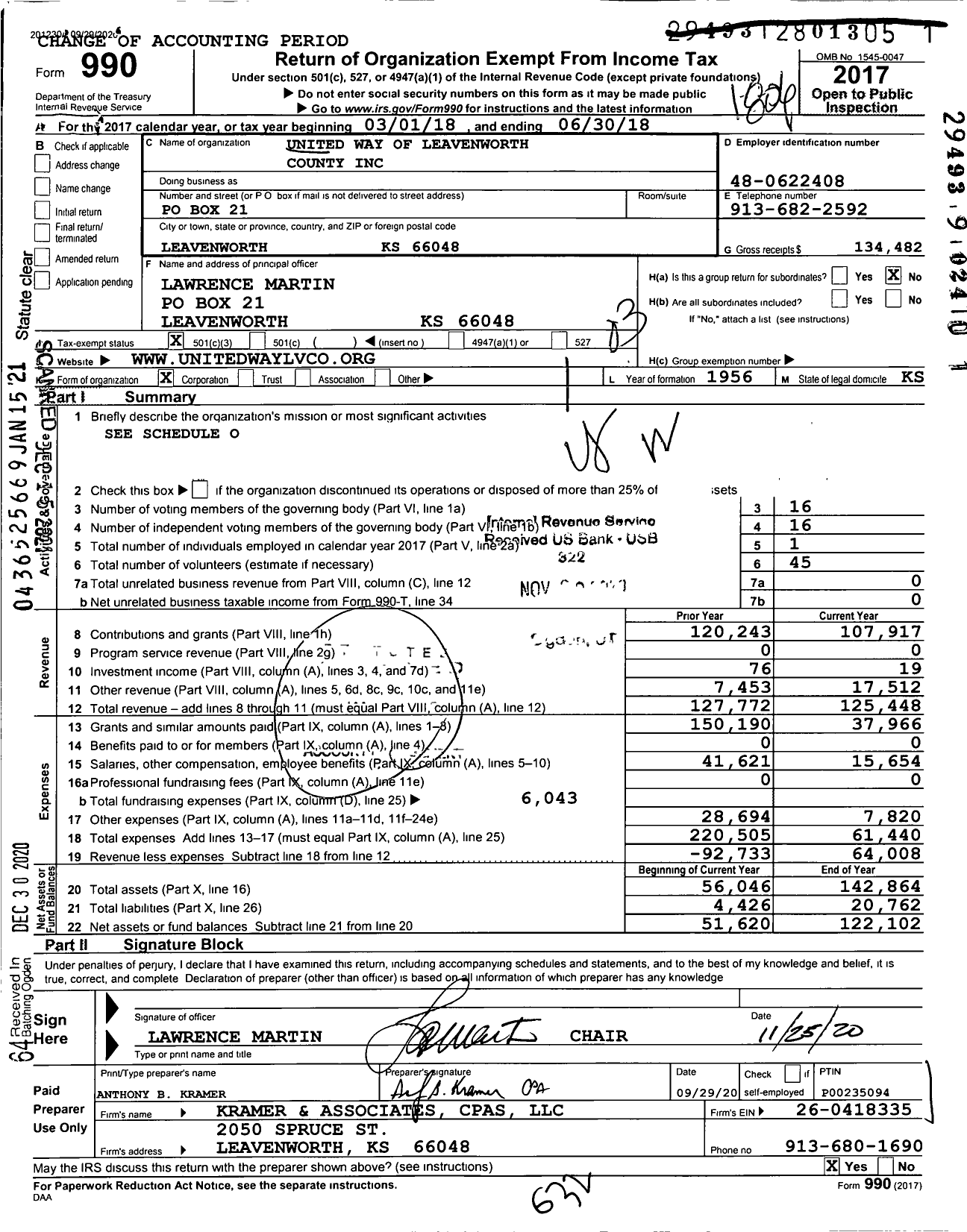 Image of first page of 2017 Form 990 for United Way of Leavenworth County