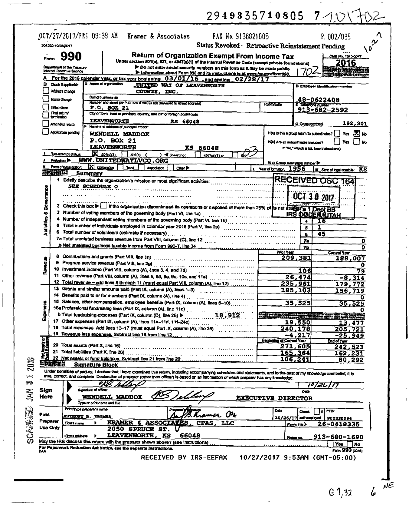 Image of first page of 2016 Form 990 for United Way of Leavenworth County