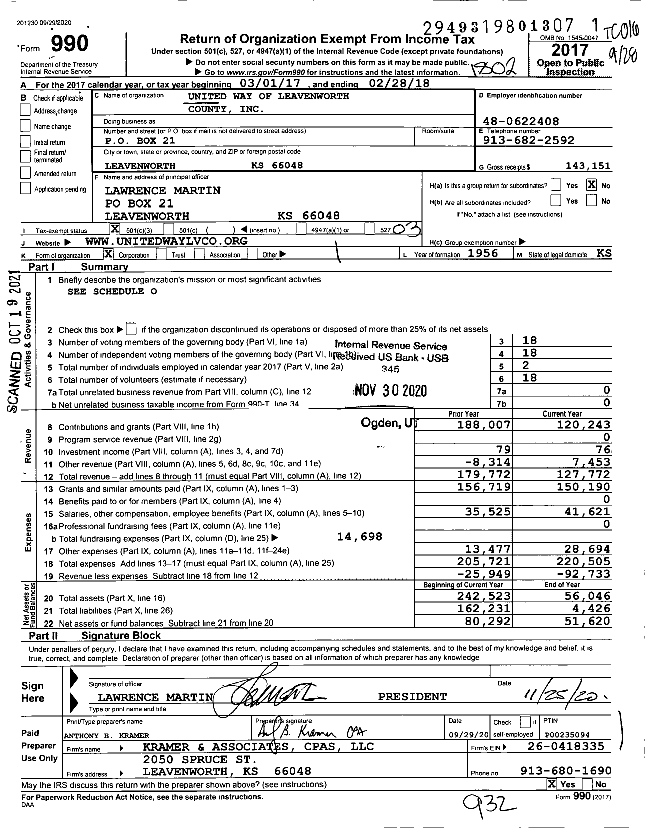 Image of first page of 2017 Form 990 for United Way of Leavenworth County