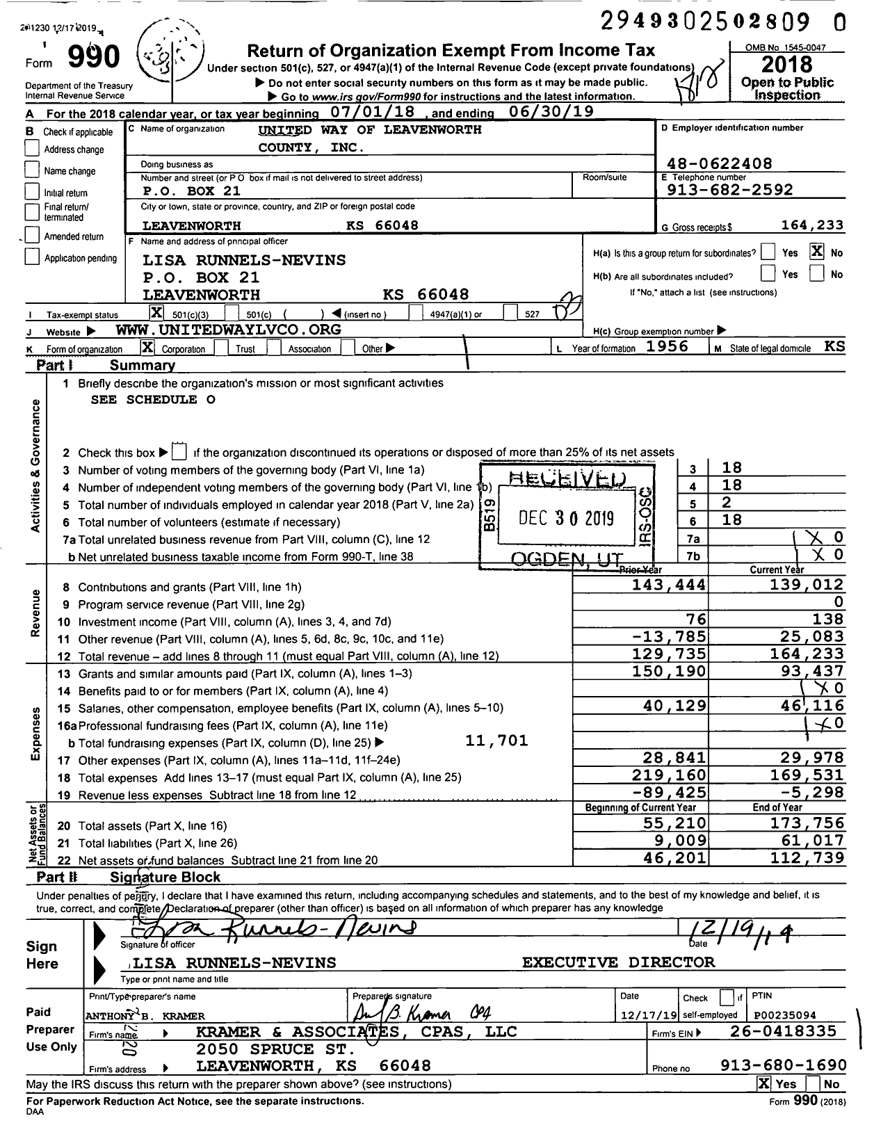 Image of first page of 2018 Form 990 for United Way of Leavenworth County