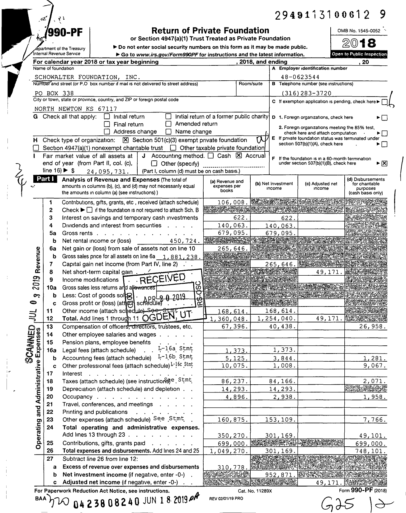 Image of first page of 2018 Form 990PF for Schowalter Foundation