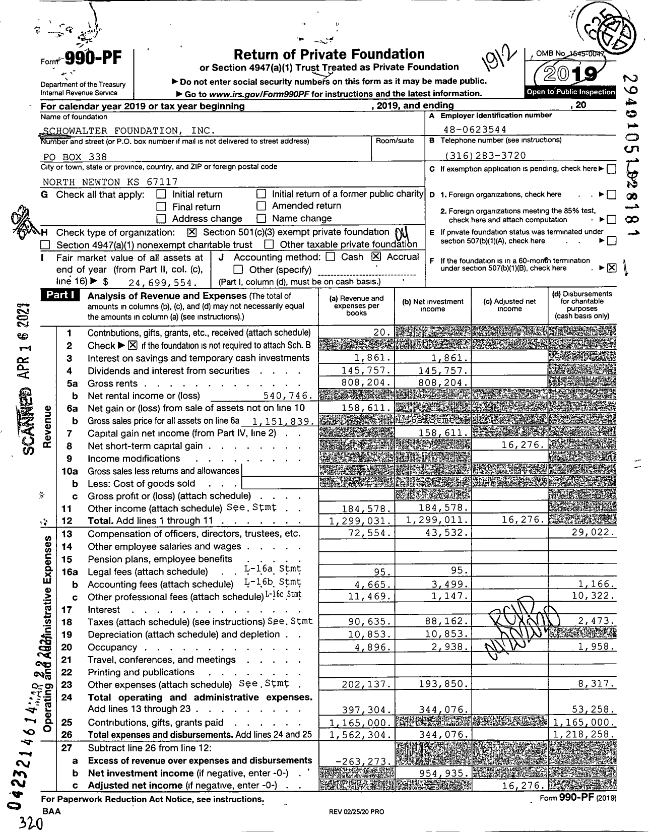 Image of first page of 2019 Form 990PF for Schowalter Foundation