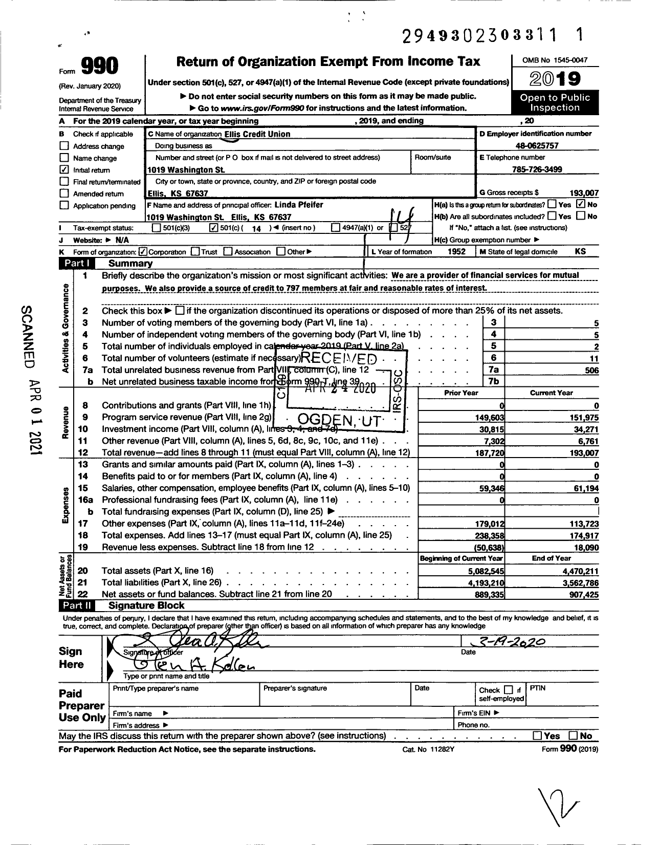 Image of first page of 2019 Form 990O for Ellis Credit Union