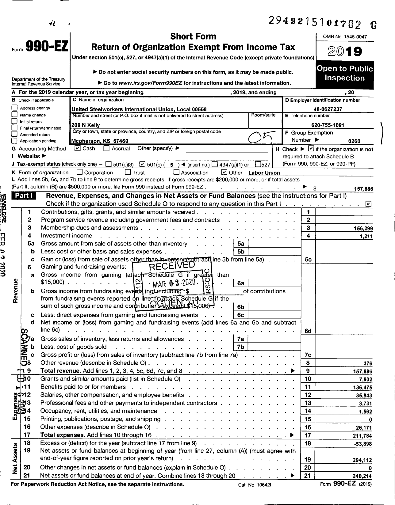 Image of first page of 2019 Form 990EO for United Steelworkers - 00558 Local